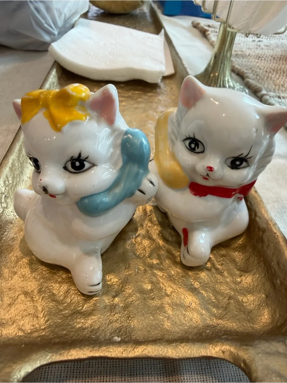 White Ceramic Cat Figurines with Yellow & Blue Accents - Pair